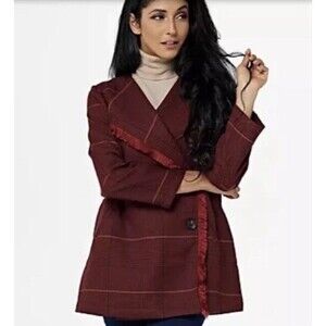 Laurie Felt Zoe Plaid Wrap Coat Burgundy Plaid Size XS Oversized NWT